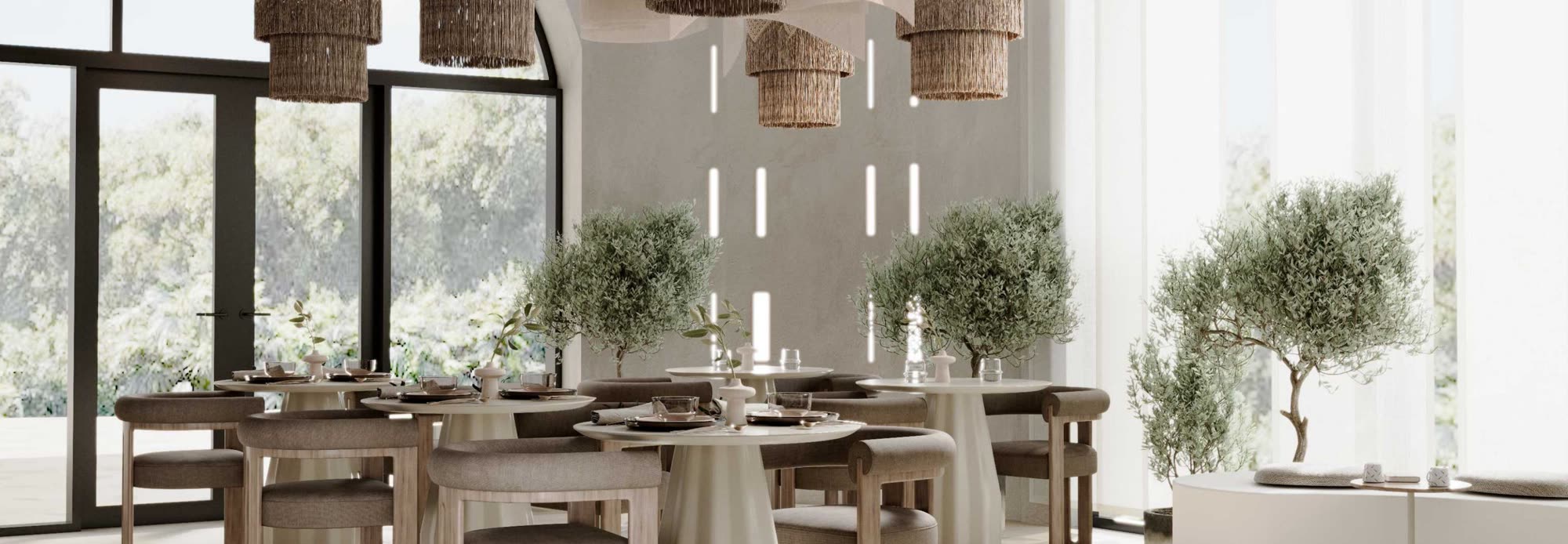 Health Food Bar dining room with olive trees, Luma Biohacking Resort