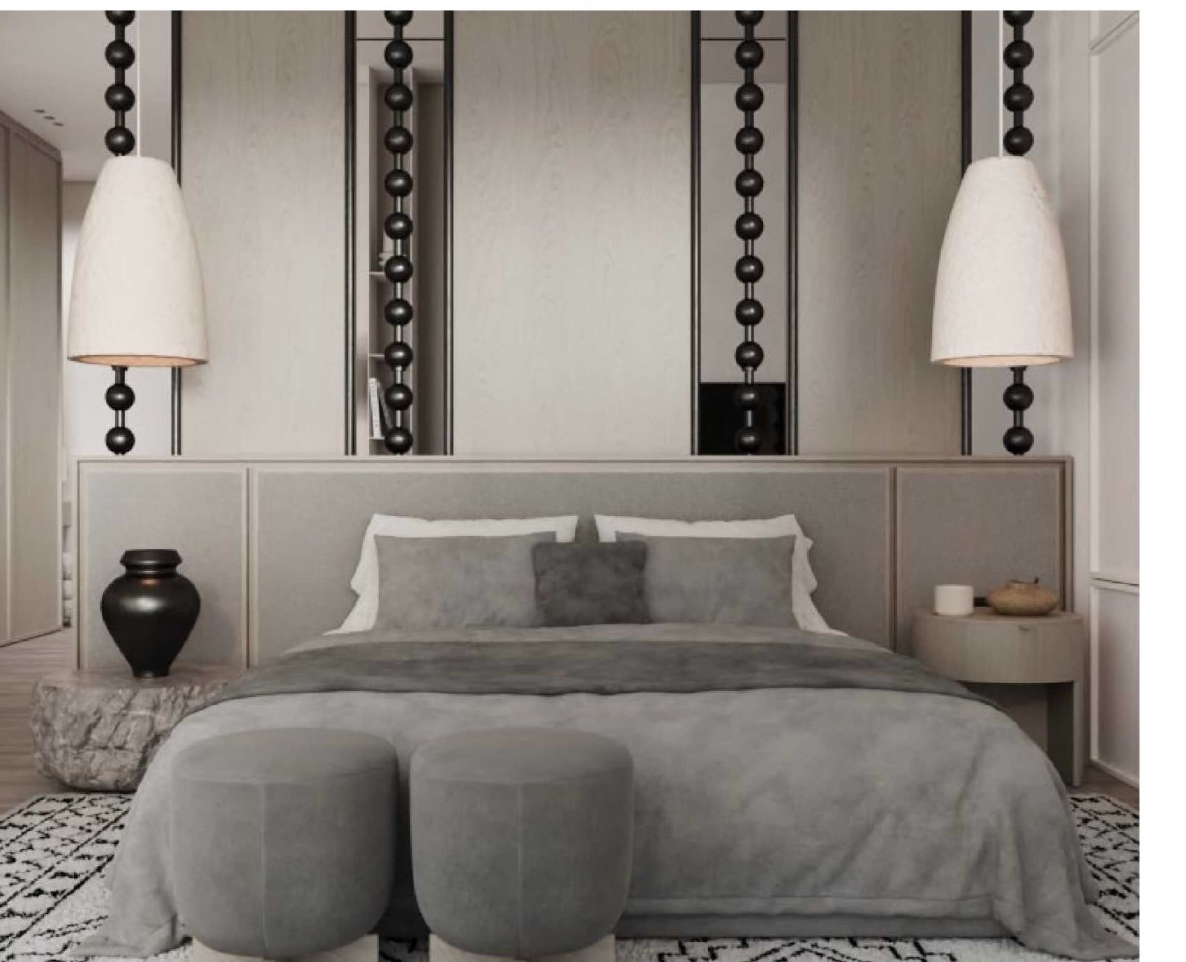 Premium residence bedroom with sculptural pendant lighting, Luma Biohacking Resort