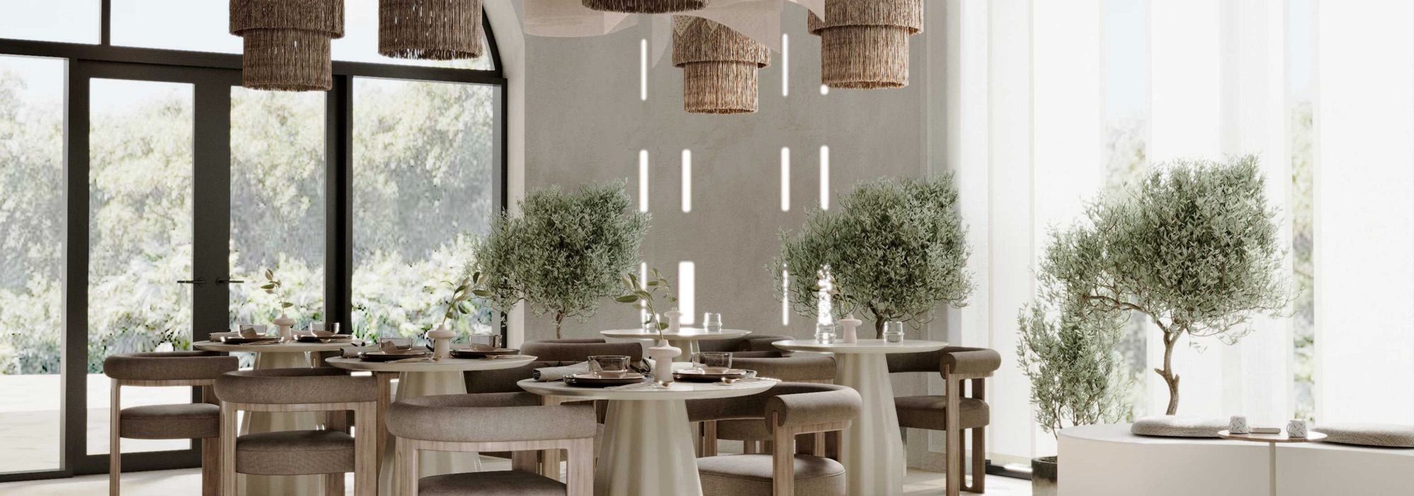 Health Food Bar — a bright restaurant with olive trees and panoramic glazing