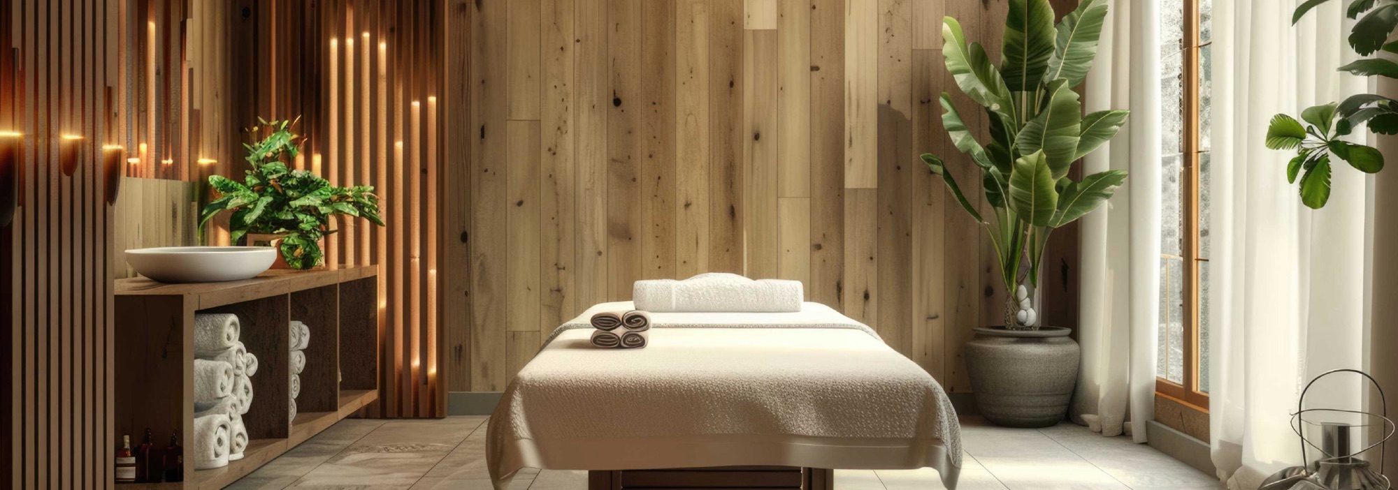 Massage room with warm wood walls, soft daylight and a spa bed