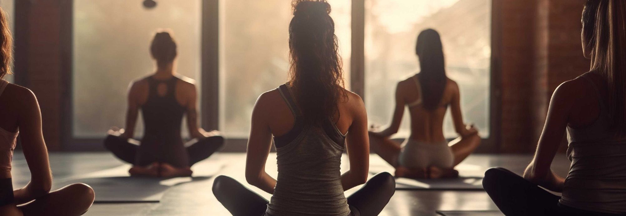 Yoga and sound healing studio with silhouettes in lotus pose against a sunrise-lit window